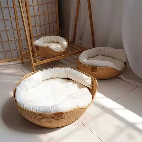 Pet Bed Cat Mat Kennel Dog Beds Sofa Bamboo Weaving Four Season Cozy Nest Baskets Waterproof Removable Cushion Sleeping Bag