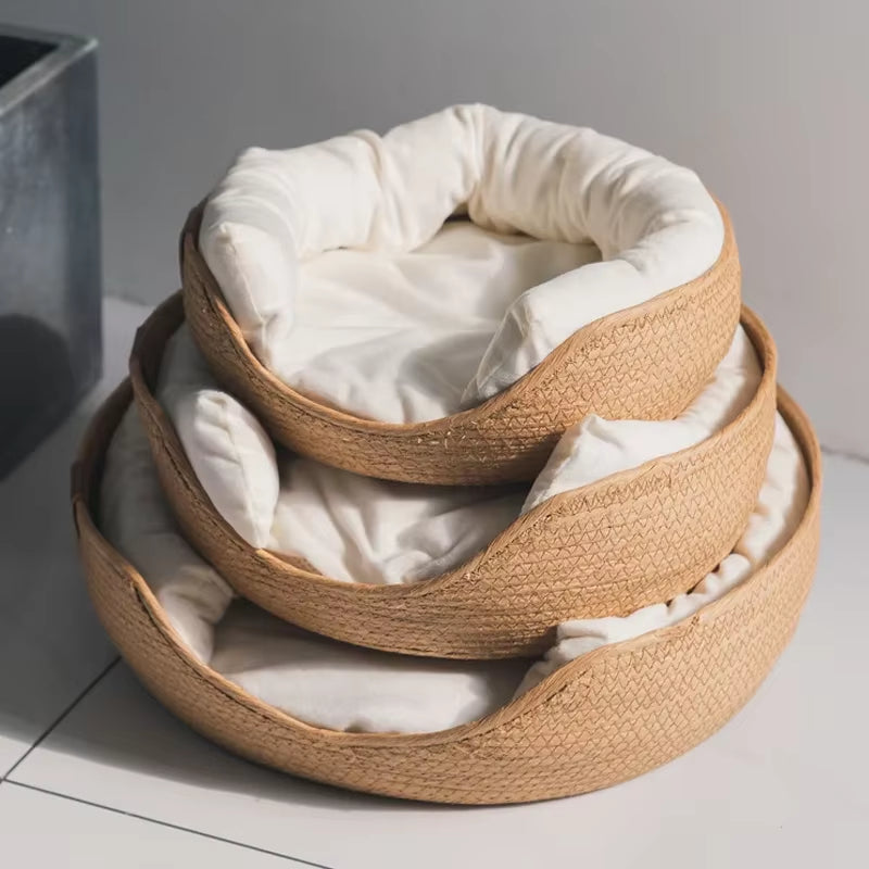 Pet Bed Cat Mat Kennel Dog Beds Sofa Bamboo Weaving Four Season Cozy Nest Baskets Waterproof Removable Cushion Sleeping Bag